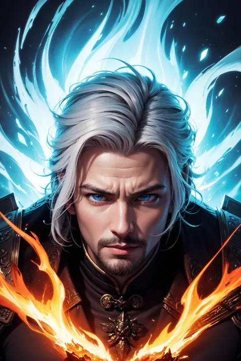 (1man, muscular adult spanish male:1.2),  light blue eyes, white hair, fade with goatee,
portrait, solo, upper body, detailed background, detailed face, (imperial chinese theme:1.1)  primal fury, (mouth open:0.65), elemental fiery armored fighter, [heavy armor:molten rock:2], engulfed in flames, ruby gemstone, flowing magma, cracks, steam,   glowing aura,  bonfire in background,  (style-swirlmagic:0.8), cinematic cataclysmic atmoshpere,
<lora:grullborgCopycat_grullborgStyleR8V4:0.3>,