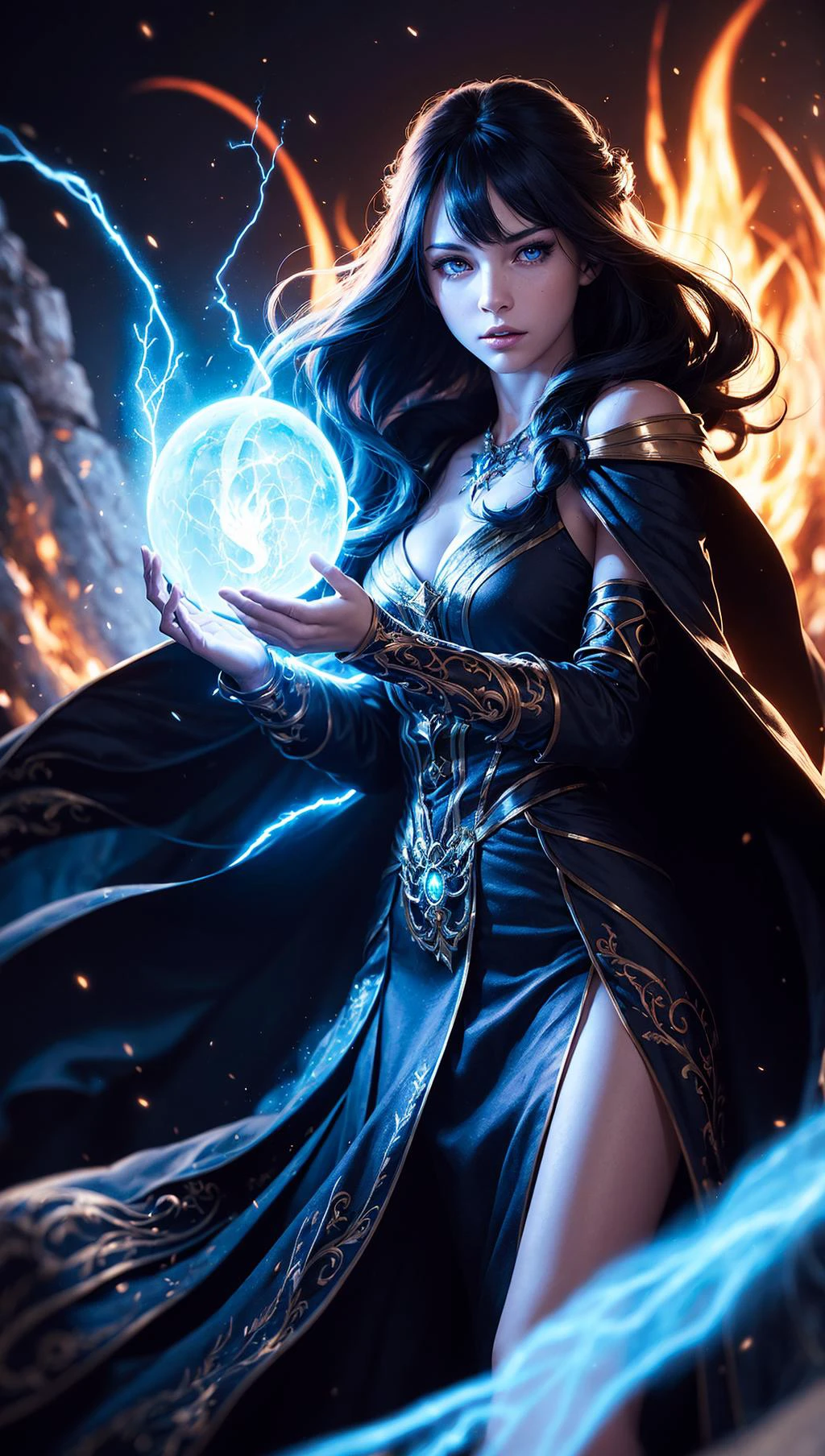 ((1 garota)), sorceress, Magia, usando um vestido longo feito de luzes, Magiaal forest, com fluxo, (((fogo)) Magia), roupas apertadas de feiticeira, Magiaal clothing, (((Penteado fluido))), (((olhos brilhantes))), vestindo capa, ((bokeh)), profundidade de campo, 
