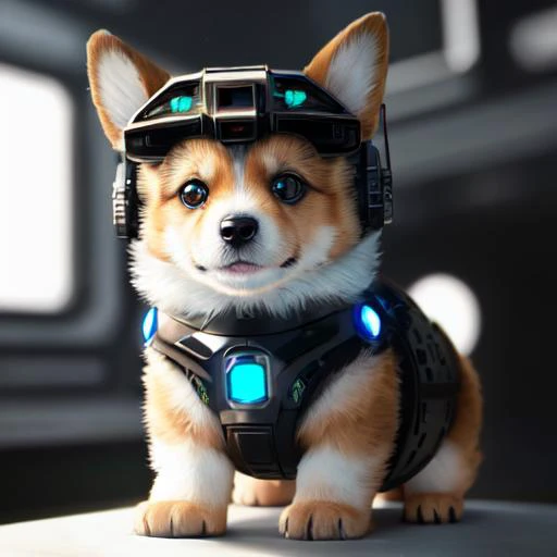 ลูกสุนัข Cybernetic Corgi น่ารัก, (ไซบอร์ก:1.4), (รายละเอียดที่ซับซ้อน), เอชดีอาร์, (รายละเอียดที่ซับซ้อน, มีรายละเอียดมาก:1.2), ช็อตภาพยนตร์, อยู่ตรงกลาง, แสงสิ้นเชิง, มองออกไปจากกล้อง, hyperrealism มีรายละเอียดมาก fur, ขนสุนัขจริง, อุ้งเท้าสุนัขที่ถูกต้อง