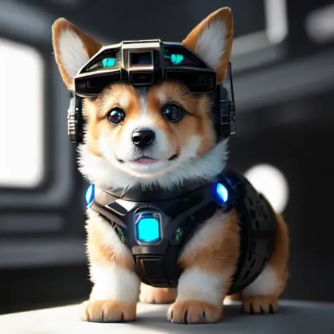 cute cybernetic corgi puppy, (cyborg:1.4), (intricate details), hdr, (intricate details, hyperdetailed:1.2), cinematic shot, centered, stark lighting, looking away from camera, hyperrealism <lora:epiNoiseoffset_v2:0.5>, hyperdetailed fur, real dog fur, accurate dog paws