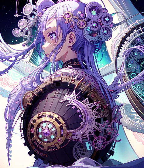 anime girl with purple hair and a clock in her hand