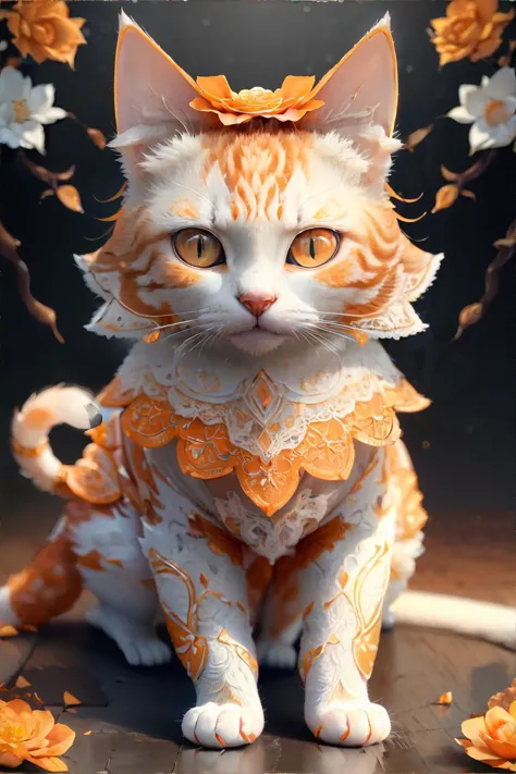 <lora:lace:0.6>, worldoflace, lace, orange and white cat, intricate details || masterpiece, perfect quality, sharp focus, shallo...