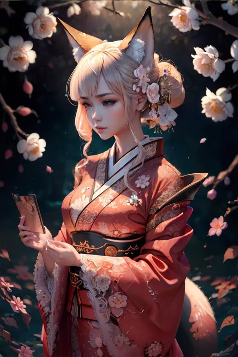 <lora:lace:0.6>, worldoflace, lace, woman wearing a kimono, fox ears, intricate details || masterpiece, perfect quality, sharp f...