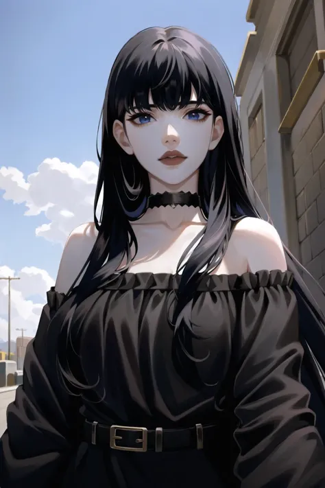 anime girl with black hair and black dress standing in front of a building