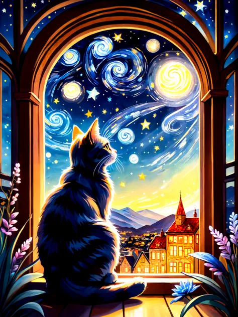 illustration of cat, allure of starry night sky with myriad of twinkling stars, constellations, Milky Way, window art, glass pai...