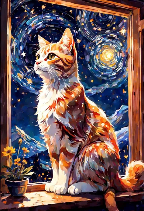 illustration of cat, allure of starry night sky with myriad of twinkling stars, constellations, Milky Way, window art, glass pai...