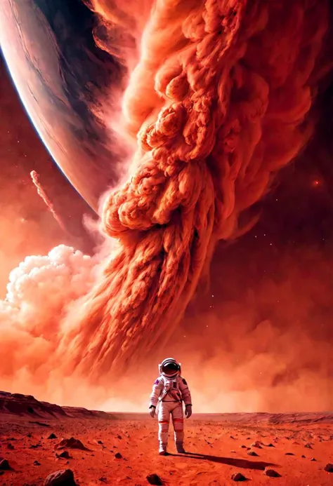 Epic landscape. Tall clouds. Particulate matter fills the air.  Spaceship above with eerie glowing lights.  The first astronaut on Mars emerges from a magnificent, tall red dust storm, astronaut is small at the bottom of the frame