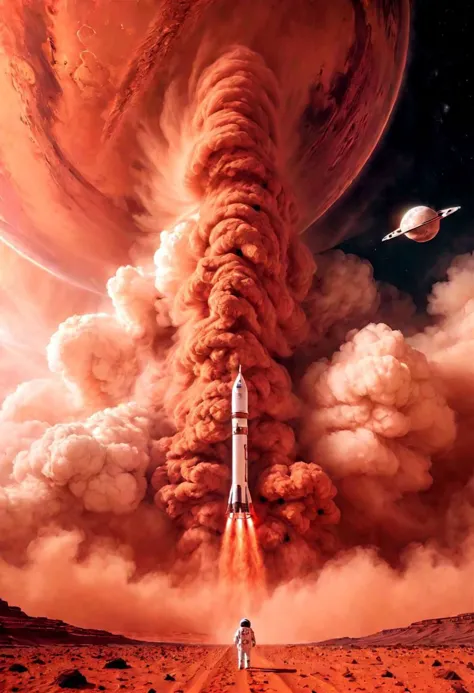 Epic landscape. Tall clouds. Particulate matter fills the air.  Spaceship above with eerie glowing lights.  The first astronaut on Mars emerges from a magnificent, tall red dust storm, astronaut is small at the bottom of the frame