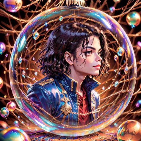 a painting of a woman in a bubble surrounded by bubbles