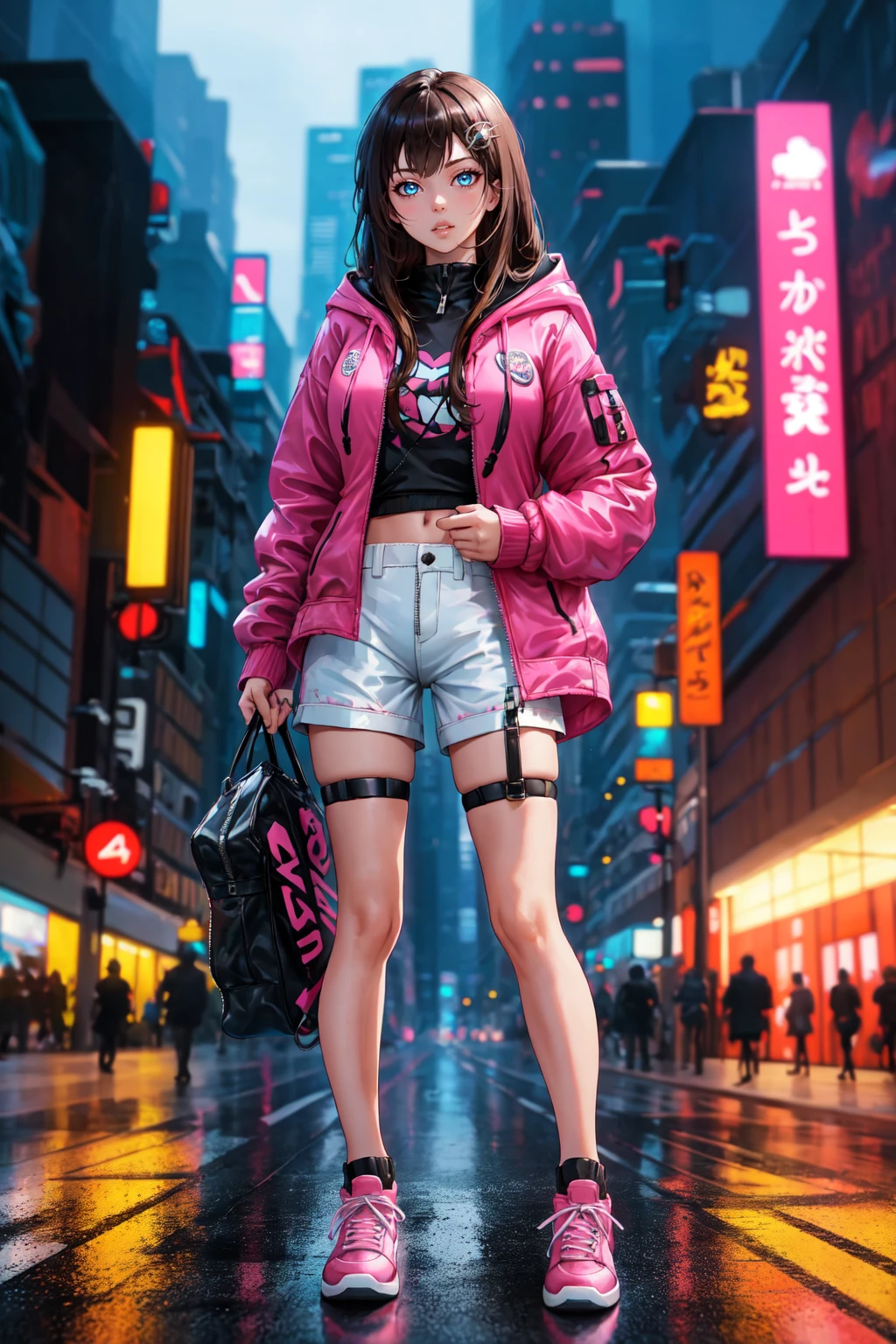 Psychogenic Dream Style, 1girl, bag, bangs, black hair, blue eyes, brown hair, building, city, cyberpunk, ground vehicle, hair ornament, holding, hood, jacket, lips, long hair, looking at viewer, neon lights, night, outdoors, parted lips, pink jacket, road, shoes, short shorts, shorts, sneakers, solo, solo focus, standing, thigh strap, white shorts