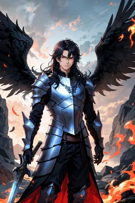 <lora:Psychogen_v2:0.5> Psychogenic Dream Style, 1boy, armor, arms at sides, black armor, black hair, black wings, closed mouth,...