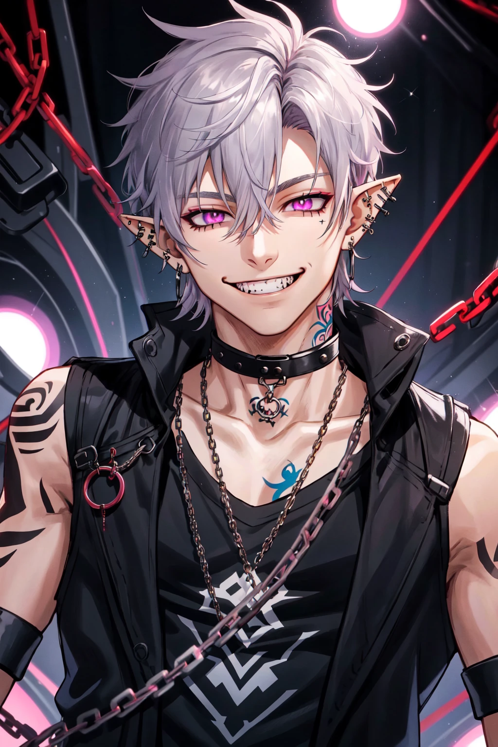 Psychogenic Dream Style, 1boy, bound, chain, chained, collar, cuffs, ear piercing, earrings, fangs, gloves, grey hair, grin, hair between eyes, jewelry, looking at viewer, male focus, piercing, pink eyes, pointy ears, purple eyes, shirt, short hair, smile, solo, tattoo, teeth, white hair