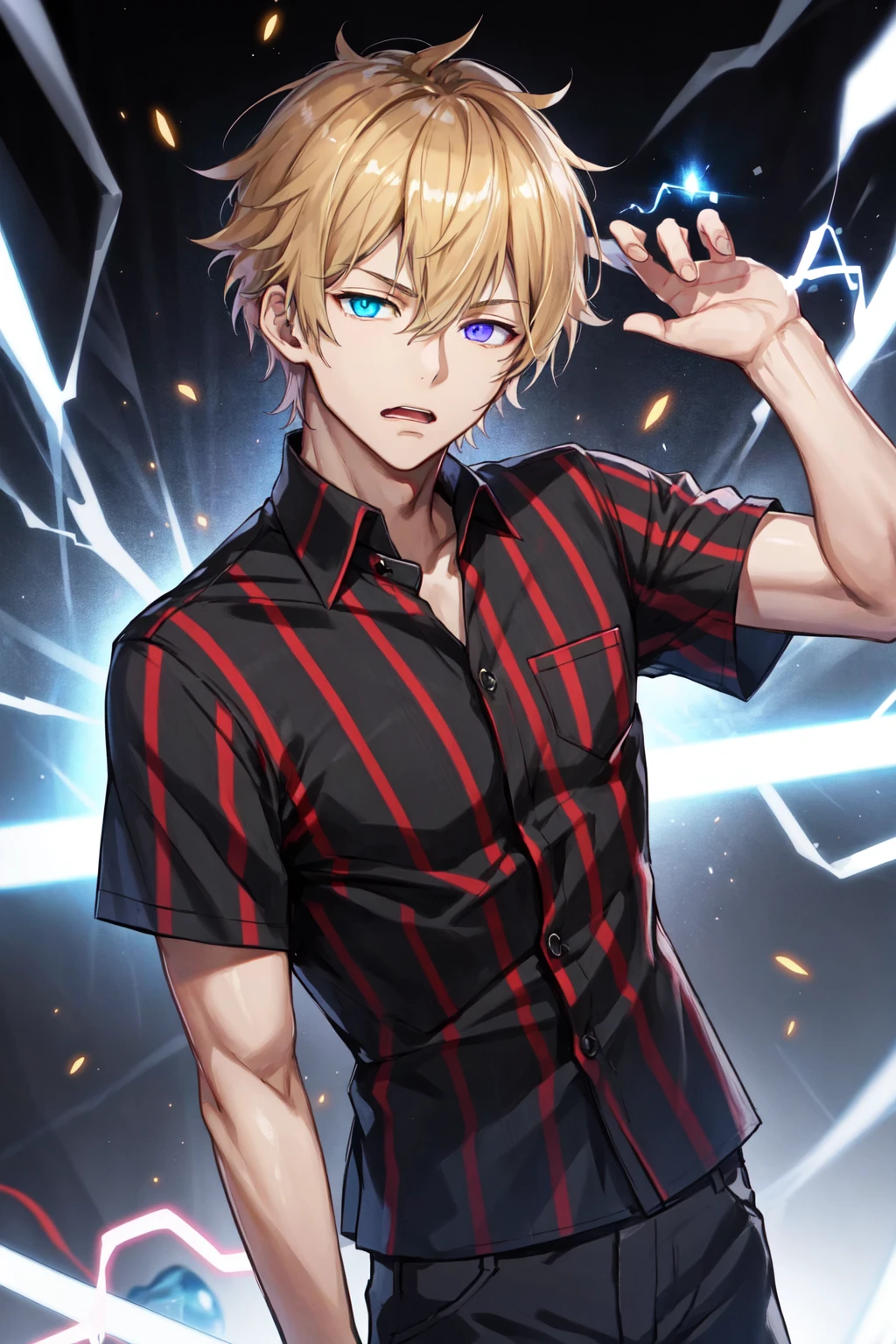 Psychogenic Dream Style, 1boy, solo, male focus, blue eyes, electricity, heterochromia, looking at viewer, mouth hold, shirt, striped, striped shirt, yellow eyes