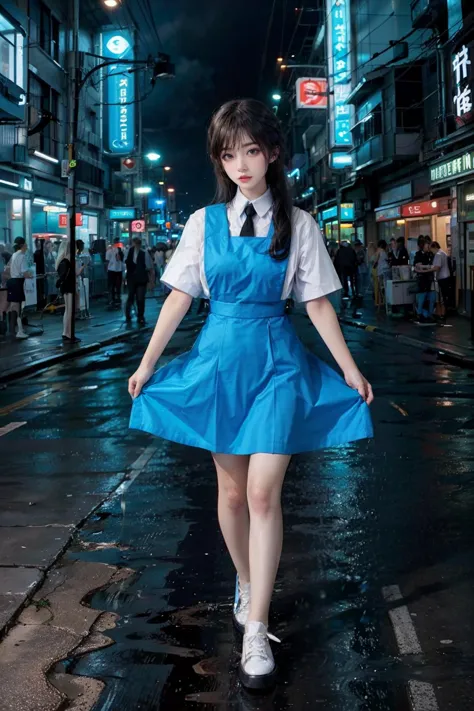 1girl with cute face and black hair, walking, slender, wearing white shirt, pinafore, (blue uniform:1.2), black tie, white shoes, <lora:msu3-000008:0.8> night, neon background, neon city,( futuristic:1.2), rain, full body, (masterpiece, top quality, best quality, official art, beautiful and aesthetic:1.2) <lora:asianGirlsFace_v1:0.3> <lora:OrientalBeauty_2_1:0.3>  <lora:add_detail:0.5> <lora:futuristic_interior_composer:0.5>