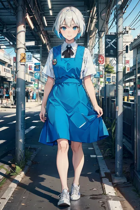 masterpiece, best quality, outdoor, bus station, 1girl with short white hair, wearing blue uniform, black tie, white shirt, blue...