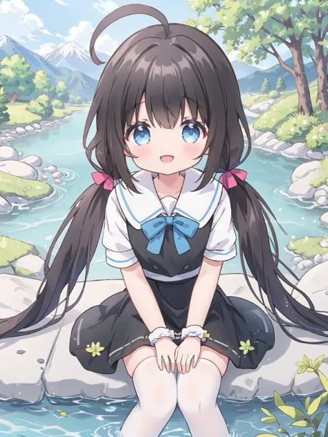 1girl,long hair,black hair,blue eyes,(black dress shirt),white thighhighs,blue bow,low twintails,ahoge,hinatsuru ai,solo,short sleeves,looking at viewer,mountain,river,nature,closed mouth,bangs,hair ribbon,outdoors,<lora:Hizuru-summer-lora-6.1-version2-000022:0.3>,white wristband,sitting,open mouth,:d,black skirt,