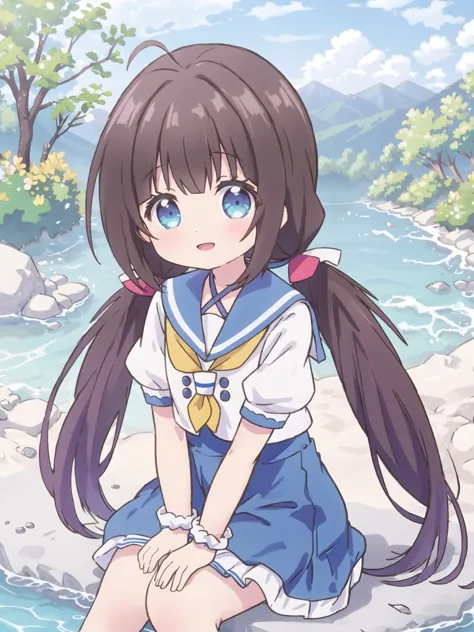 1girl,long hair,summer_sailor_collar,low twintails,ahoge,hinatsuru ai,solo,short sleeves,looking at viewer,puffy short sleeves,mountain,river,nature,closed mouth,bangs,(blue skirt),yellow neckerchief,hair ribbon,layered sleeves,bare leg,outdoors,((neck strap)),<lora:Hizuru-summer-lora-6.1-version2-000022:0.575>,white wristband,sitting,open mouth,:d,