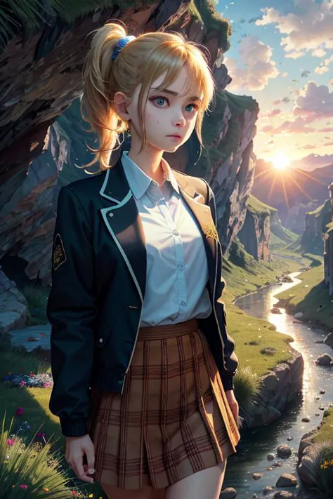 a woman in a school uniform standing in front of a mountain