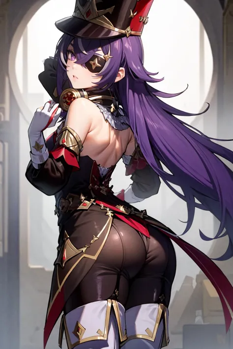 masterpiece, best quality, erotic, arching her back, <lora:Chevreuse_Genshin:.8> Chevreuse_Genshin,  1girl, solo, long hair, purple hair, purple eyes, eyepatch, multicolored hair,  uniform, headphones around neck, white thigh boots, shako cap, dress, detached sleeves, gloves,,