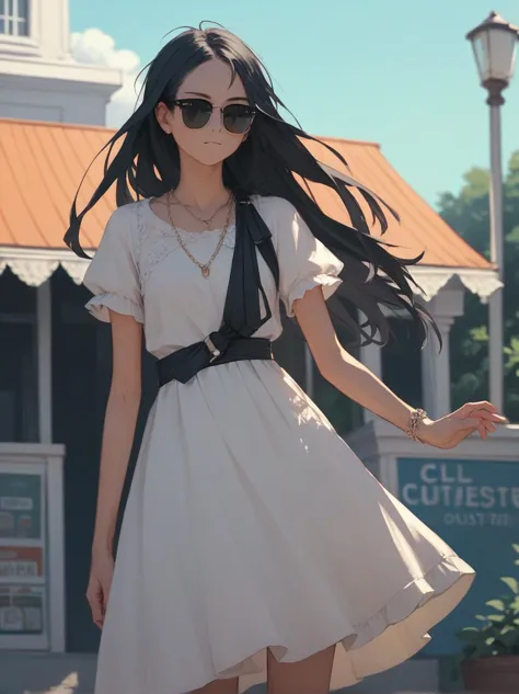 a woman in a white dress and sunglasses is walking down the street