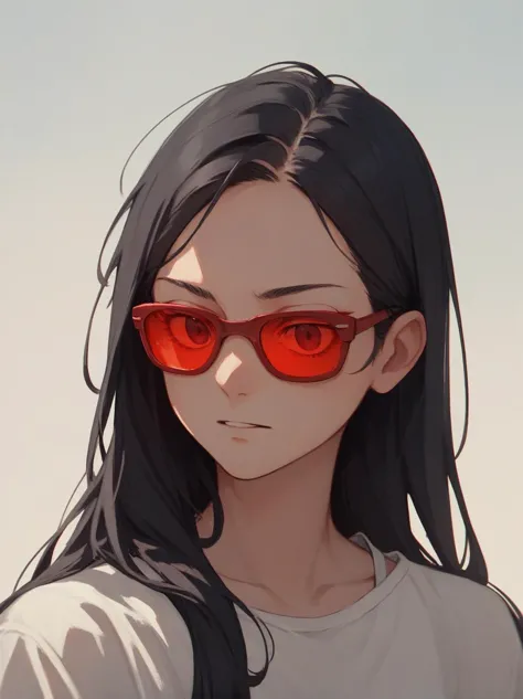 a woman with red glasses and a white shirt