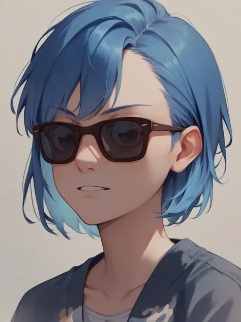 a close up of a person with blue hair wearing sunglasses