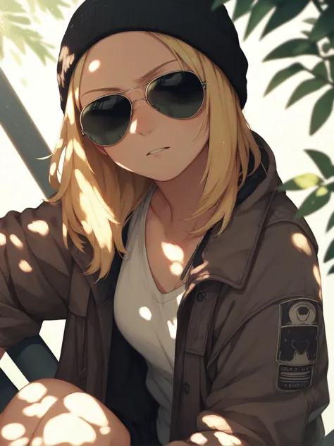 anime girl with sunglasses and a beanie sitting on a bench