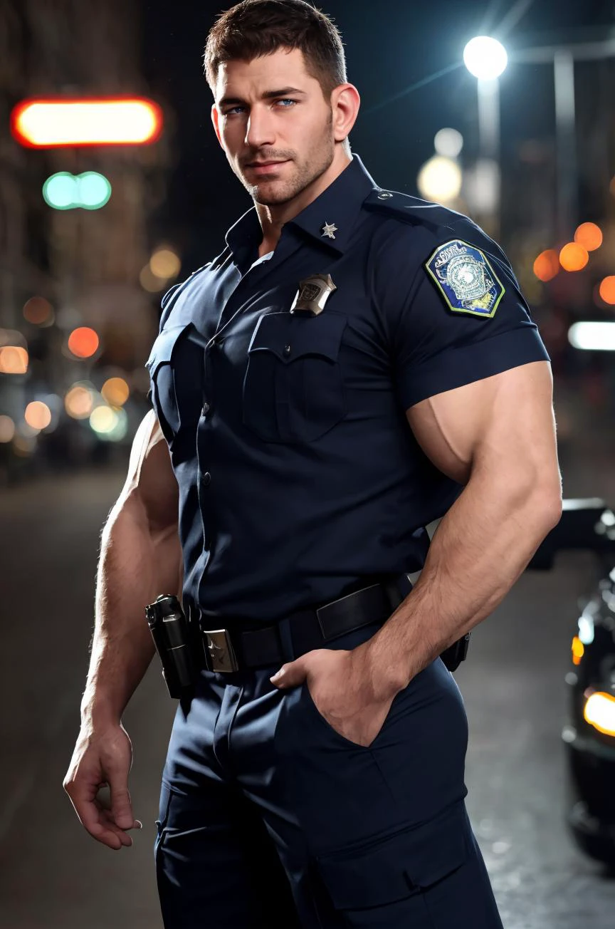 photo of muscular chris redfield in a worn ((police shirt, massive ...