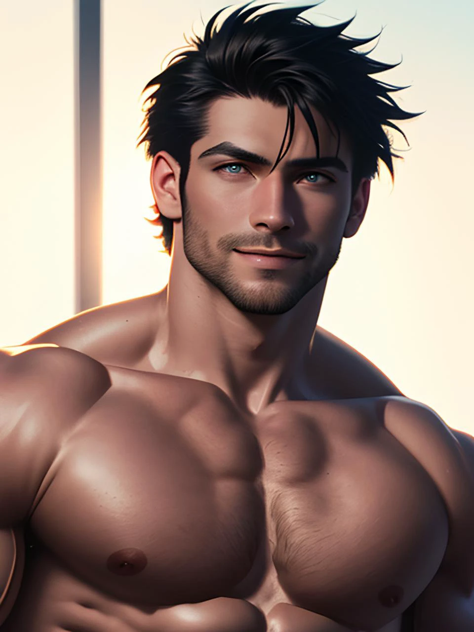 (one male) (portrait) (headshot).
Very detailed masculine face, heroic, detailed realistic open eyes, (muscular:1.5), (big muscles), (big pectorals), black hair, (slight smile). (shirtless) (topless male)
Realistic, photoreal, studio portrait, high definition, high contrast, high saturation, highly detailed, high quality, masterpiece, rim lighting, back lighting, volumetric light, vibrant colors.
