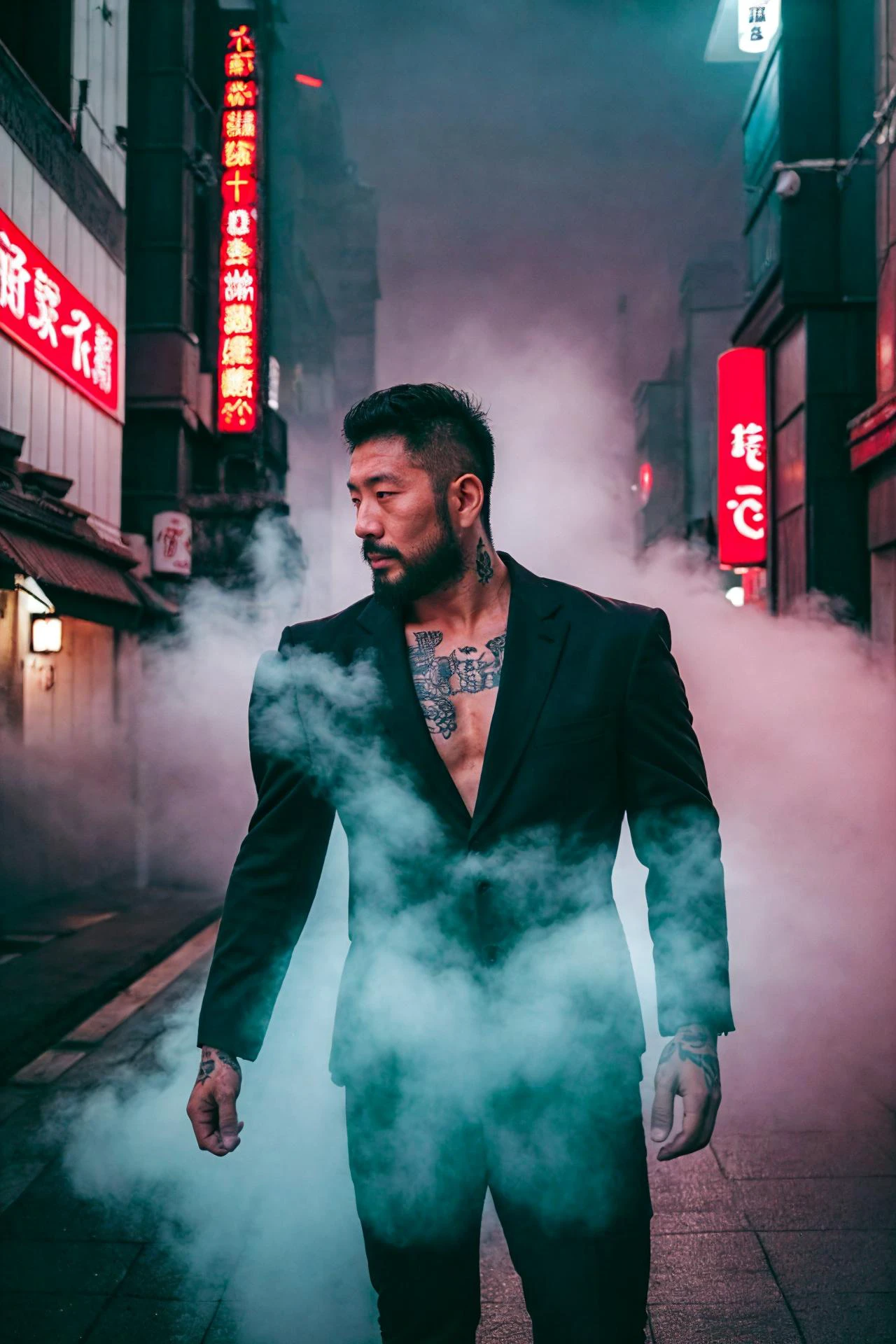 medium shot of handsome japanese man in dark clothes, short hair, bearded, tattooed, irezumi, yakuza, open jacket, muscled, (city street, neon, fog, volumetric),