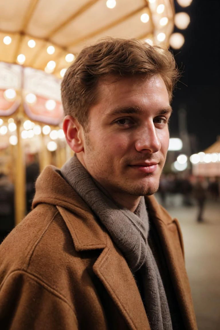 film texture, from bottom, close up,  a man with a brown coat, with gray shawls,  cute,  round face, his head towards his shoulder,  standing,  (looking at the viewer)  and facing the viewer, eye contact, a blurred background, at amusement park and at evening, carousel, soft lighting, (light from background:1.5) (photograph shot on kodak, film) 