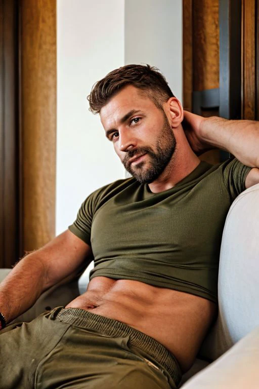 ((handsome)) ((athletic)) 40 year old man wearing a (tight) olive military t-shirt and jeans relaxing on a brown leather sofa in a wood-paneled office, ((short)) military hairstyle, dark hair, brown eyes, olive skin, ((short)) beard,, sexy, seductive