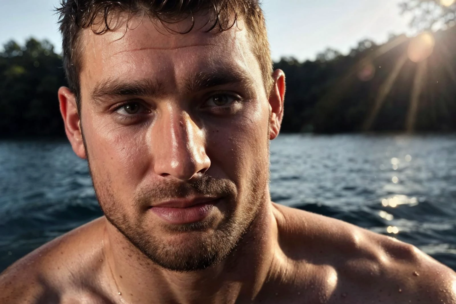 cinematic, close up portrait of a handsome man, tan, beard, short dark hair, head above water, wet skin, wet hair, sunkissed, sunny, beautiful water, looking at viewer, yellow tones, golden hour, HDR, caustics, refraction, looking in the distance