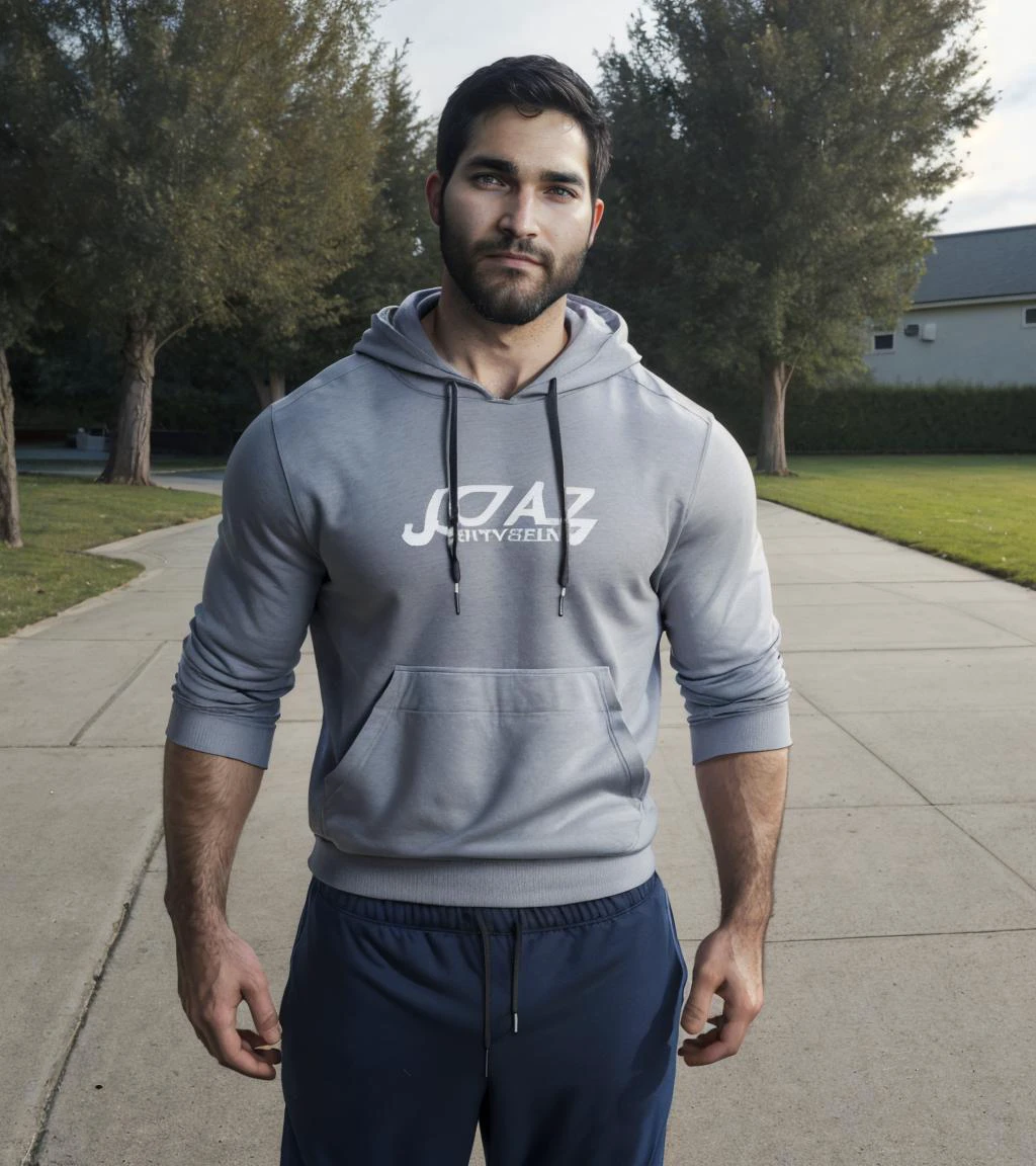 Masterpiece, (full body:1.2), photo of tyler hoechlin, (beard:1.2) (muscular:1.3) \(hairy body:1.2), (lightweight hoodie:1.2), ( jogger pants:1.2) (athletic shoes:1.2) in a gym, sweaty,8k UHD, realistic, realism, realistic skin, realistic eyes, high details, HDR, DSLR, natural lighting, subsurface scattering