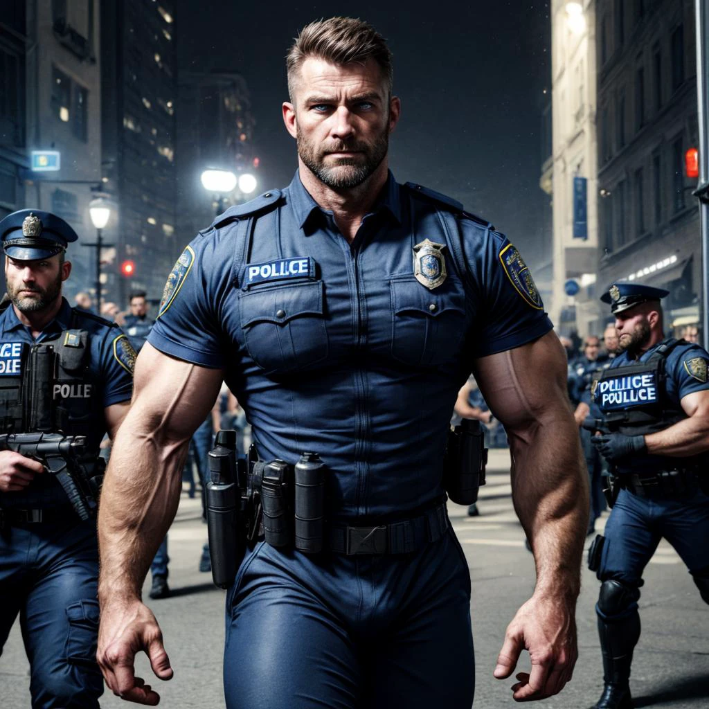 bara, very handsome european strong and manly dark blond man with thick muscles with a determined face (wearing a detailed normal tight police uniform) in a crowded city with normal people, very dynamic situation, thick outlined bulge,
ultra realistic, concept art, intricate details, highly detailed, photorealistic, octane render, 8k, unreal engine, sharp focus, volumetric lighting unreal engine,  