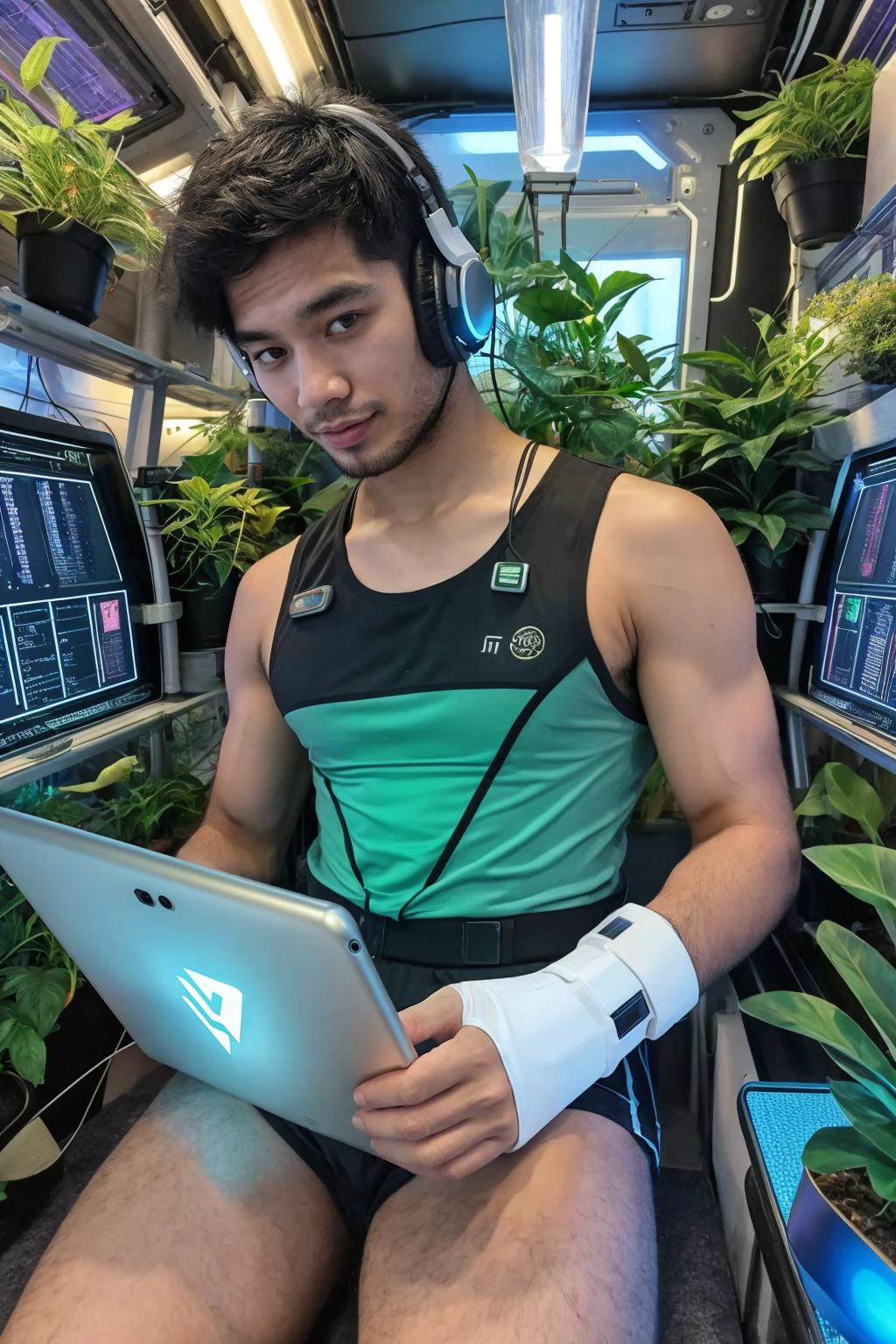 25 year old scruffy lanky Thai man using a tablet, futuristic, (body hair, (chest hair), black hair), sci-fi, space station interior, hydroponic garden, sci-fi cyberpunk outfit, (tank top), futuristic computer monitors, plants, studying plants, sci-fi headset, muscular, biceps, fingerless gloves,