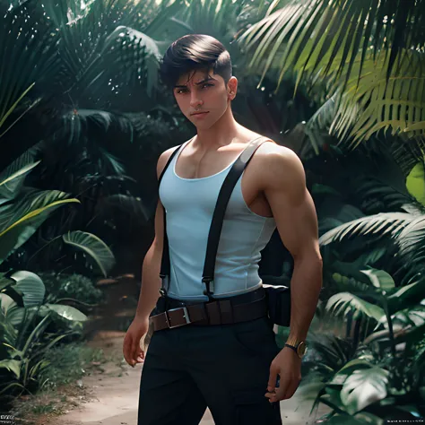 arafed man in a blue tank top and suspenders standing in a jungle