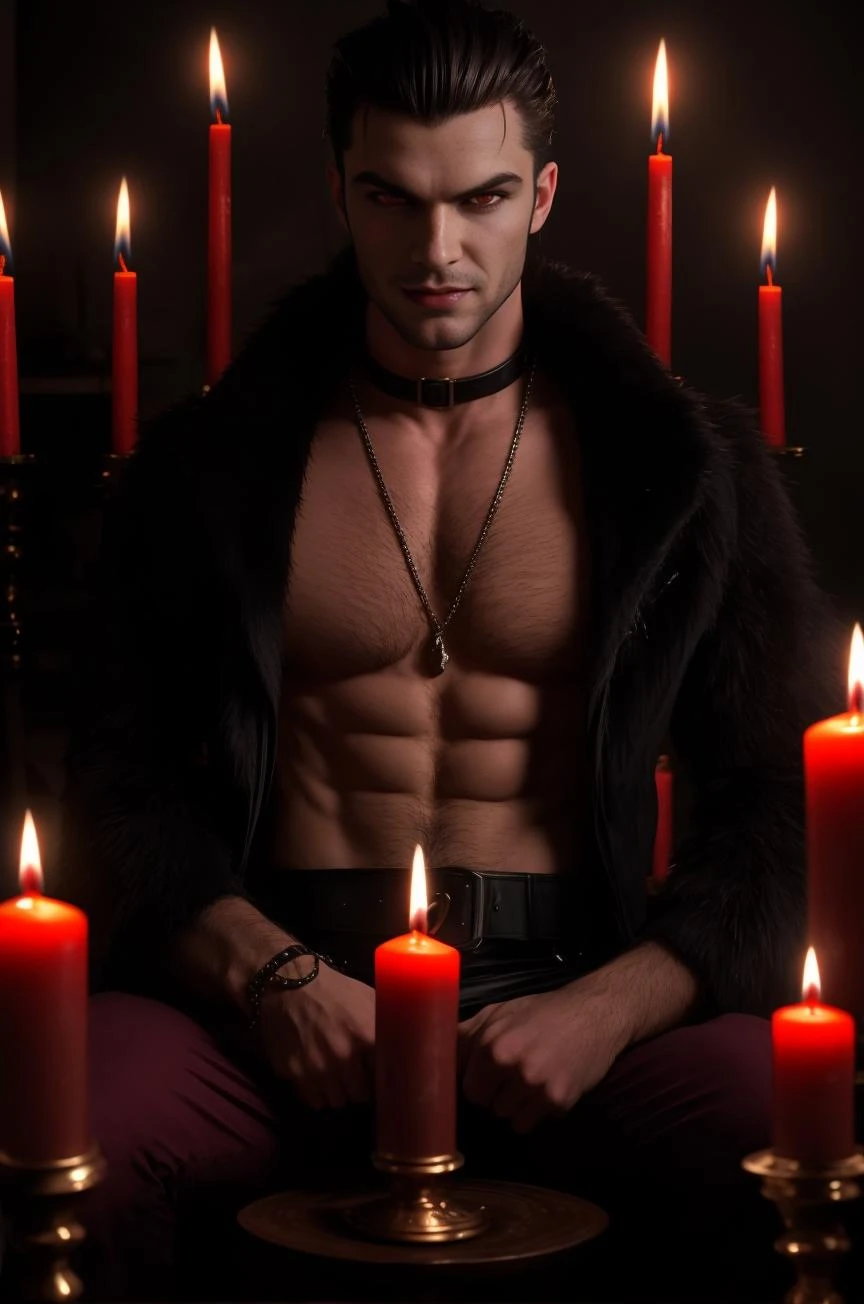 handsome vampire male, handsome, masculine, short hair, sexy, beefy, hairy, muscular, red eyes, fangs, candles, atmospheric, menacing expression, mean, evil