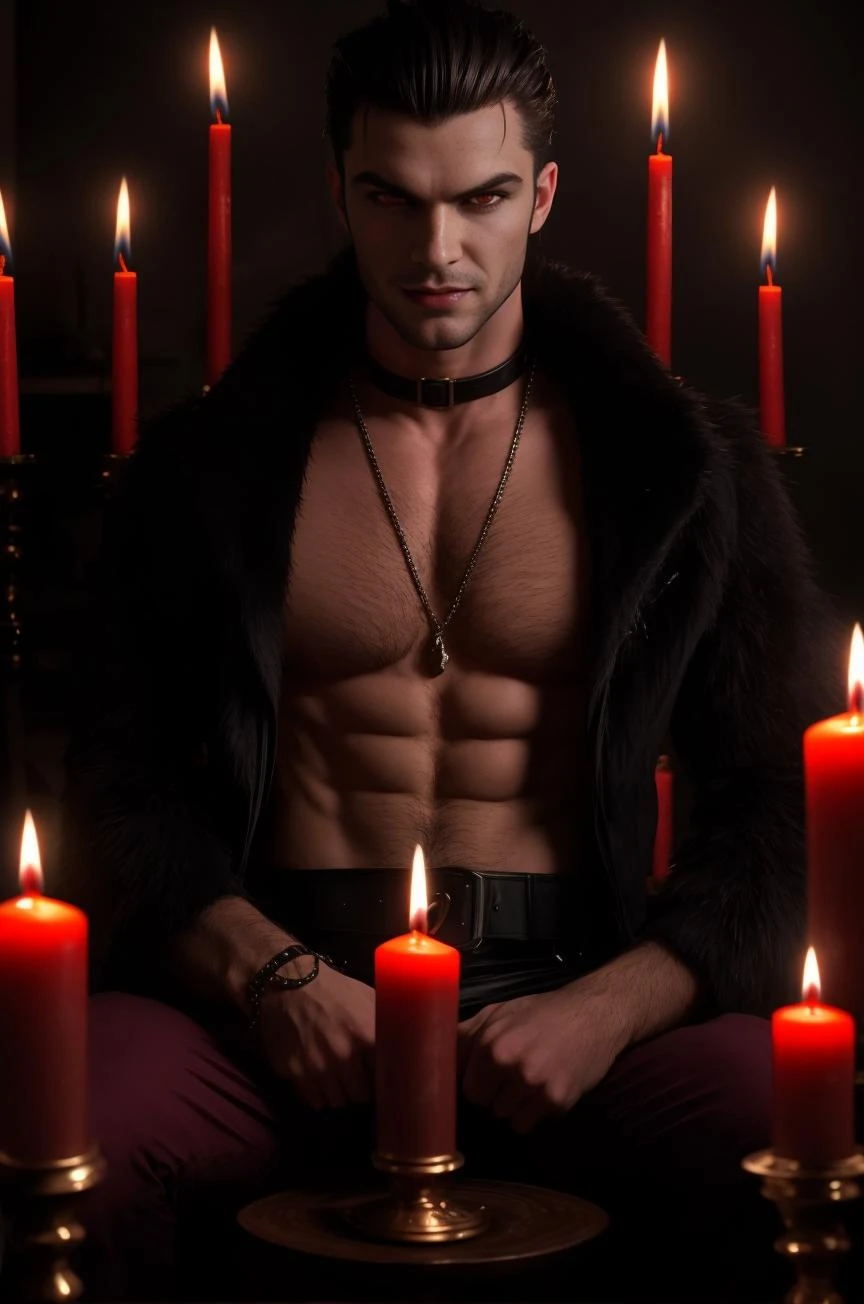 bonito vampire male, bonito, masculine, cabelo curto, Sensual, musculoso, peludo, muscular, olhos vermelhos, presas, velas, atmosférico, expressão ameaçadora, significar, mal