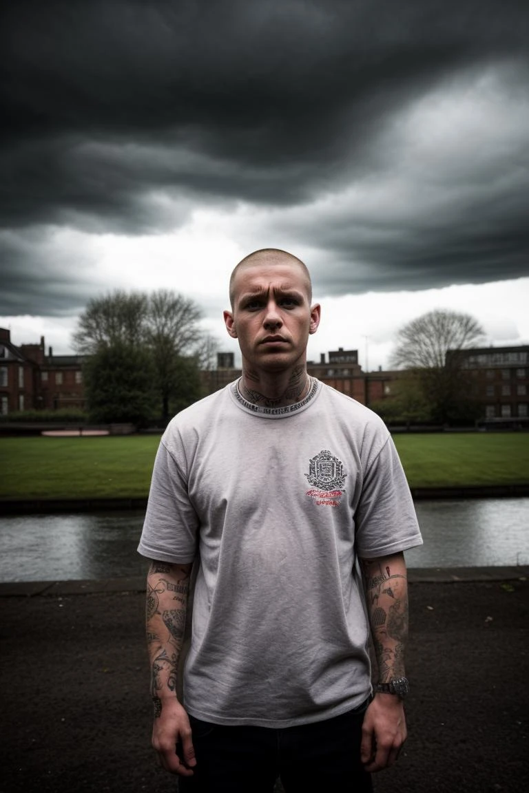 masterpiece, best quality, 1boy, 30 year old, chav, rough, dirty, Mancunian, mean, bully, druggie, skinhead, (park background), realistic, dramatic lighting, atmospheric, intricate detail