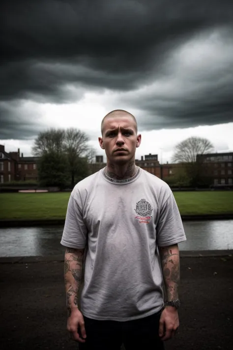masterpiece, best quality, 1boy, 30 year old, chav, rough, dirty, Mancunian, mean, bully, druggie, skinhead, (park background), ...