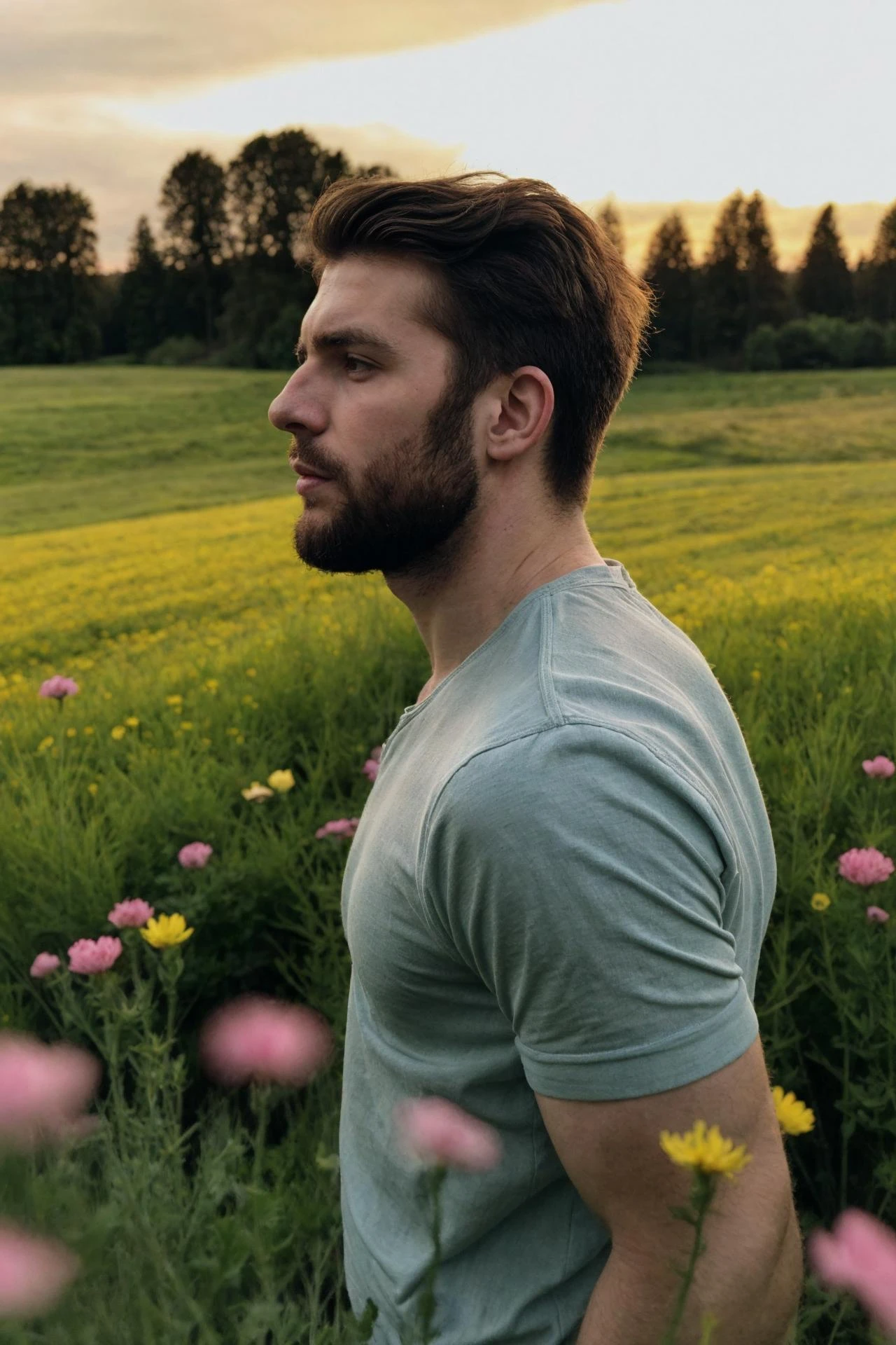 gorgeous male portrait, from the side, looking at viewer, in a meadow, flowers, beautiful hair, manly, gorgeous lighting