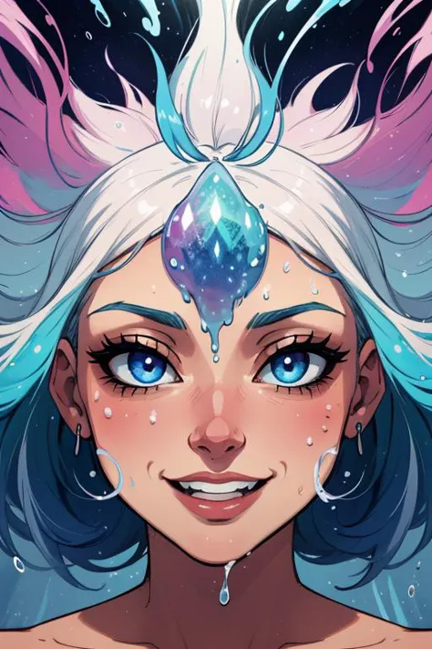 a Girl, laughing, Colorful colors, surrounded by water bubbles, in the style of Kawacy, Masterpiece, Oil painting drawn in anime style, head close - up, exaggerated perspective, Tyndall effect, water drops, mother - of - pearl iridescence, Holographic white,