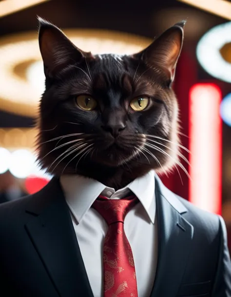 araffe cat in a suit and tie standing in front of a neon sign