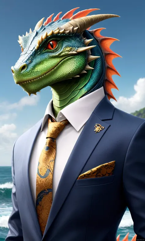 Nautical-themed (Ultrarealistic:1.3) <lora:AnimAl P FFusion v2-ep2.4:1> there is a digital painting of a dragon wearing a suit, anthro lizard, argonian, lizardfolk, anthro gecko, closeup portrait of an artificer, sci-fi lizardman, realist aetherpunk, african argonian! body! in full, sci-fi lizard alien, cyborg dragon portrait, male robotic anthro dragon, anthro portrait <lora:AnimAl P FFusion (TX Encoder):0.31>,(CGI Art:2) . Sea, ocean, ships, maritime, beach, marine life, highly detailed