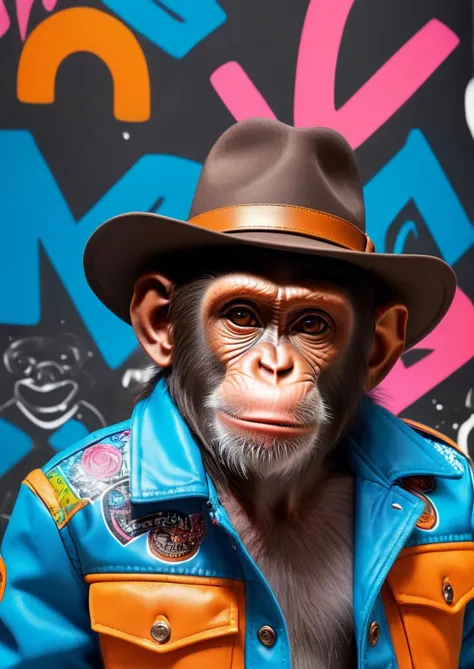 a close up of a monkey wearing a hat and jacket