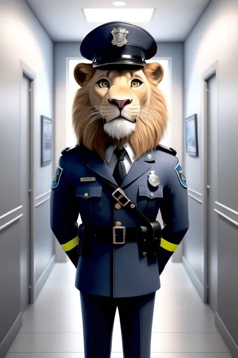 a close up of a lion in a police uniform standing in a hallway