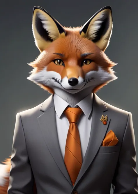 a close up of a person in a suit and tie with a fox head