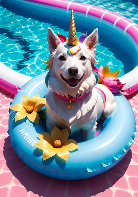 araffe in a pool with a unicorn hat and a flower