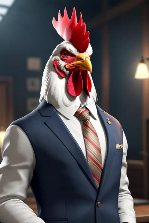 hyperrealistic art <lora:animal p ffusion:1> there is a man in a suit and tie with a rooster head, character render, unreal engi...